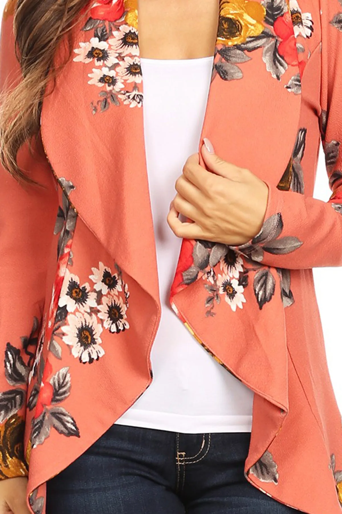 Women's Classic Floral Draped Open Front Lightweight Long Sleeve Blazer Jacket