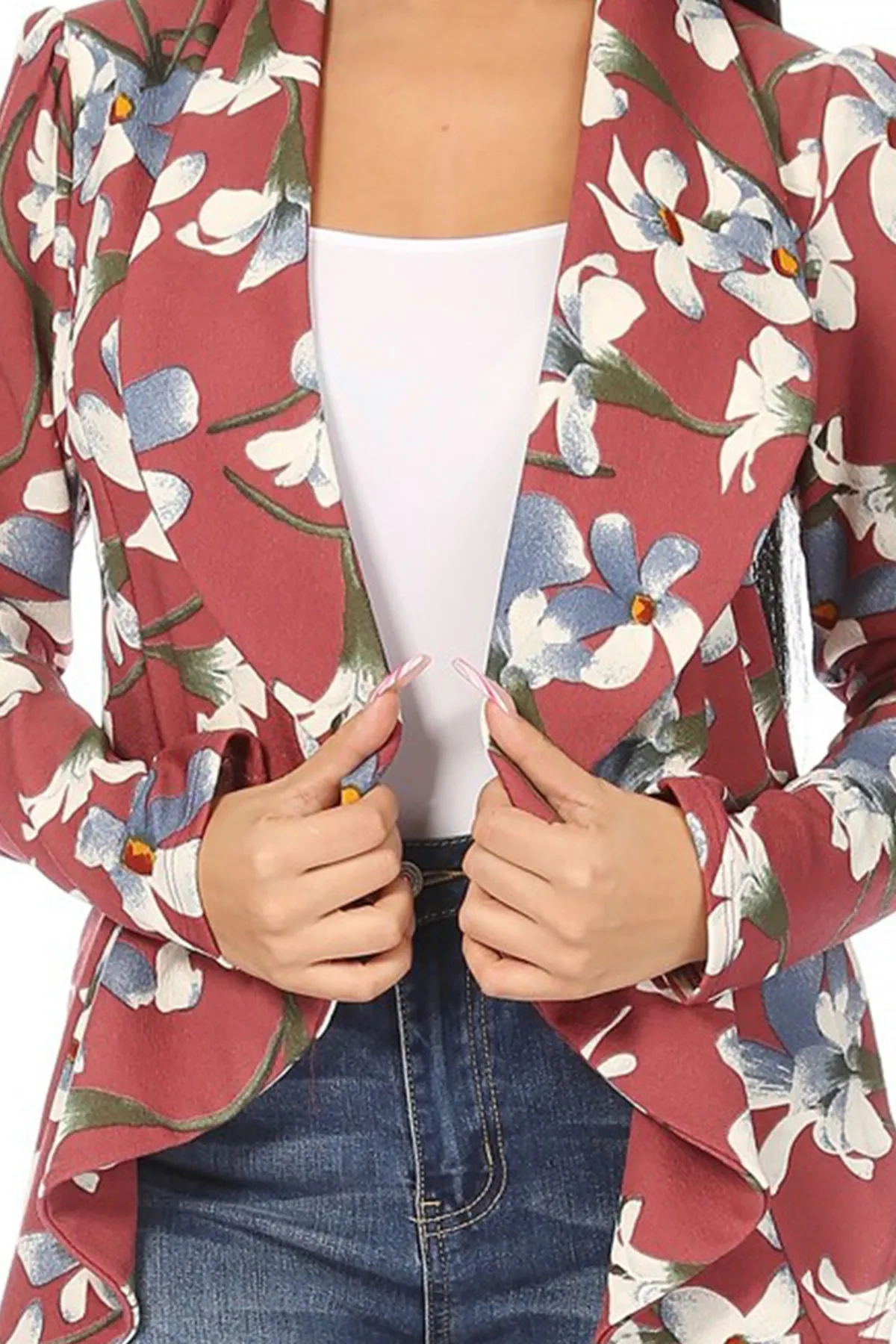 Women's Classic Floral Draped Open Front Lightweight Long Sleeve Blazer Jacket