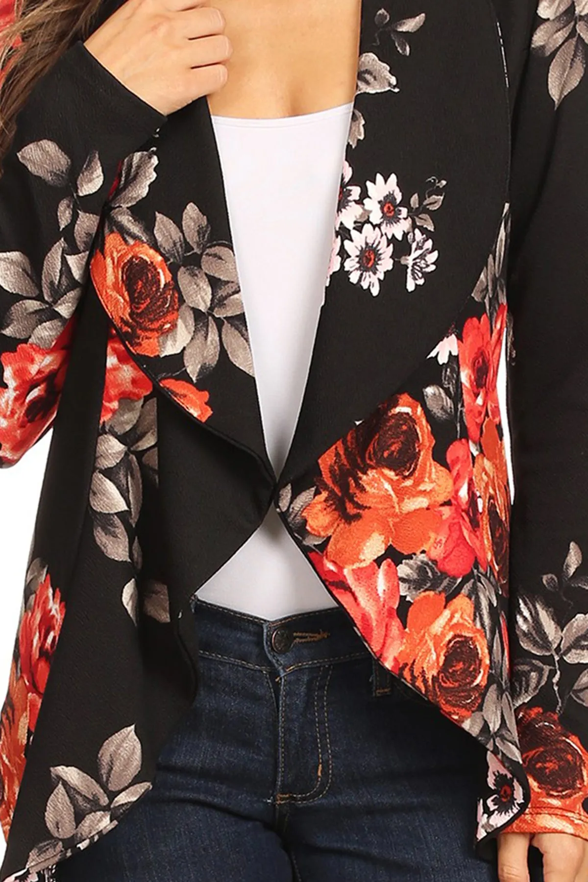 Women's Classic Floral Draped Open Front Lightweight Long Sleeve Blazer Jacket