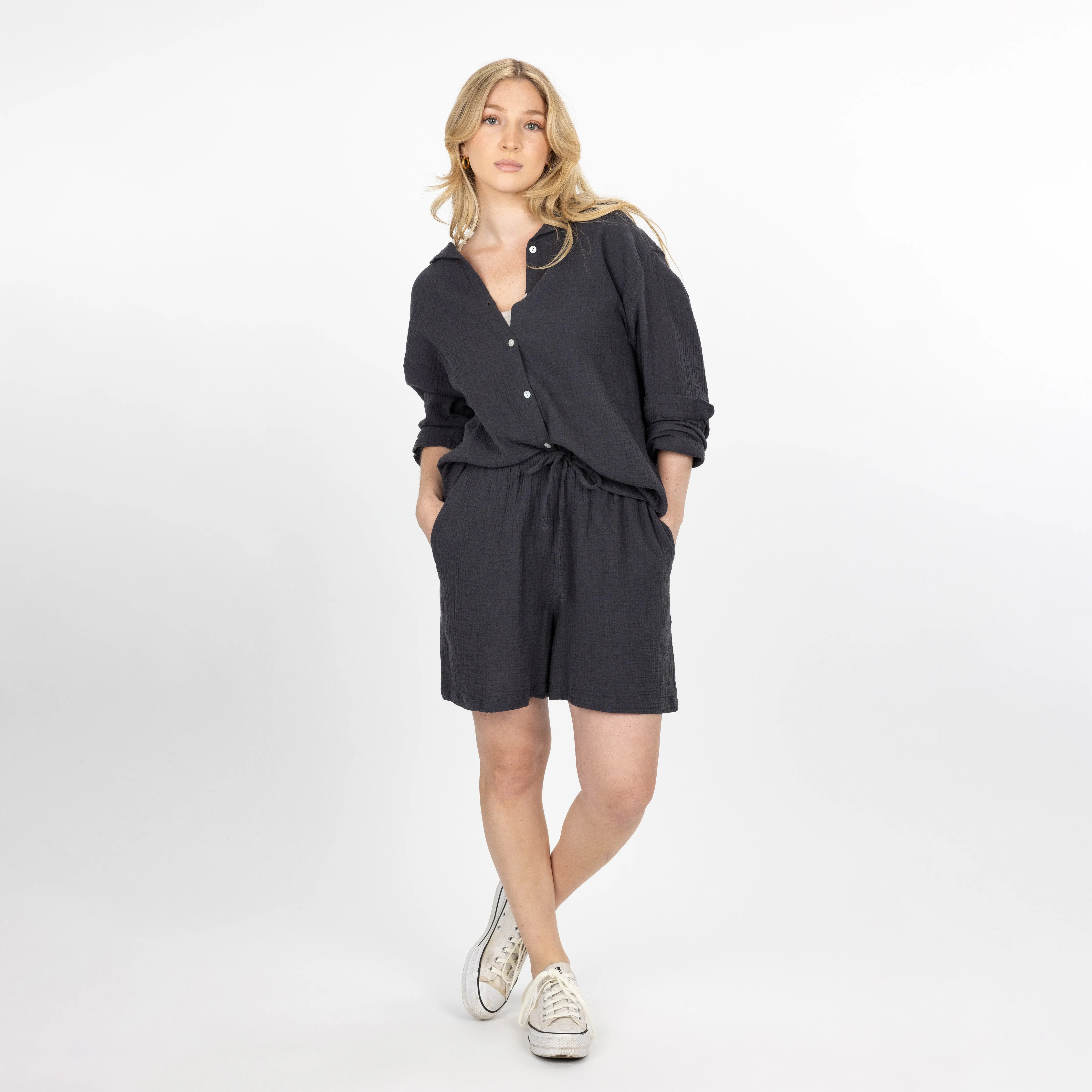 Womens Cotton Double Gauze Shorts - Raven