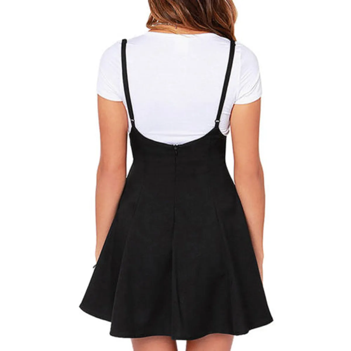 Women's High Waist Strap Mini Skirt Pleated Skater Overall Flare Suspender Skirt