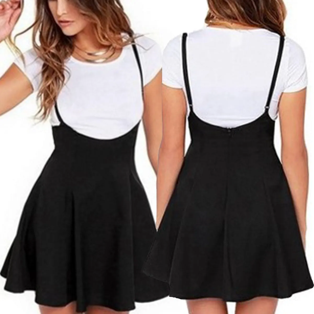 Women's High Waist Strap Mini Skirt Pleated Skater Overall Flare Suspender Skirt