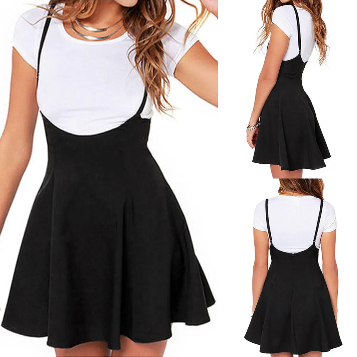 Women's High Waist Strap Mini Skirt Pleated Skater Overall Flare Suspender Skirt