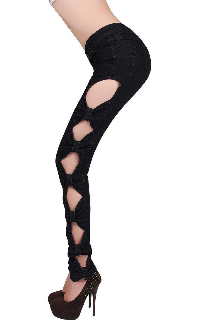 Women's Hollowed Out Bow Decorated Sexy Denim Jeans