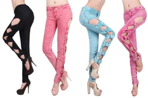 Women's Hollowed Out Bow Decorated Sexy Denim Jeans