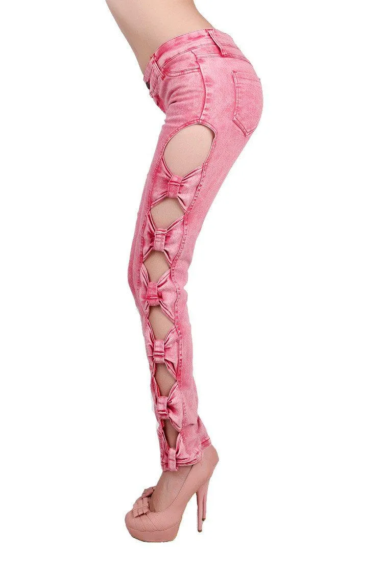 Women's Hollowed Out Bow Decorated Sexy Denim Jeans