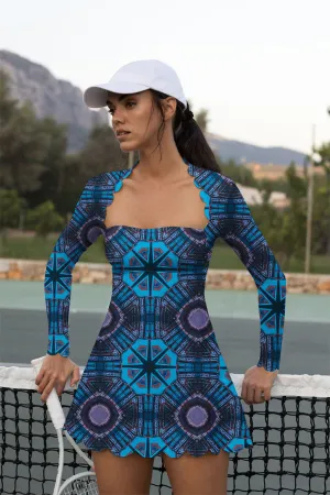 Women's Long Sleeve Square-Neck Tennis Dress with Built-in Shorts – Scallop Hem Activewear for Fall Training & Outdoor Sports