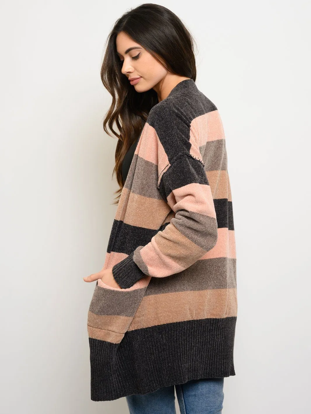 WOMEN'S LONG SLEEVE STRIPES POCKETS CARDIGAN