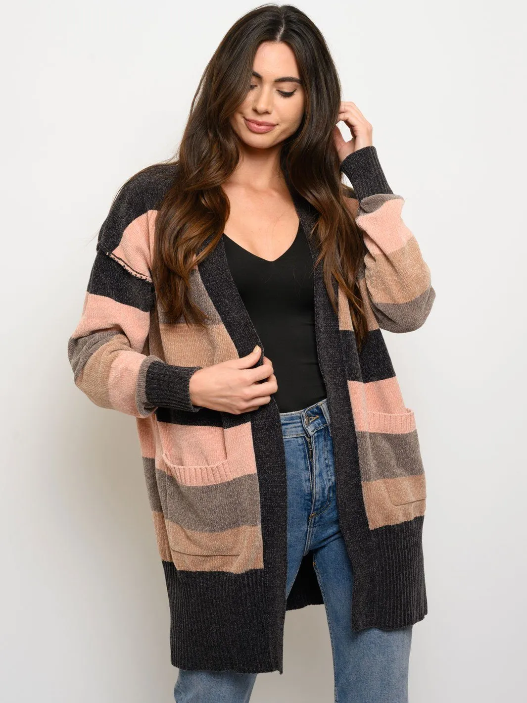 WOMEN'S LONG SLEEVE STRIPES POCKETS CARDIGAN