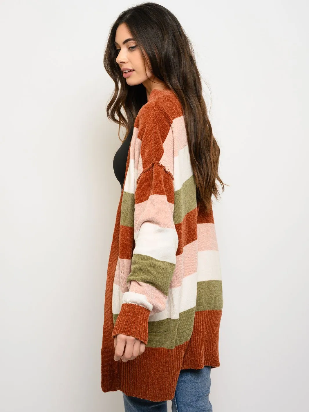 WOMEN'S LONG SLEEVE STRIPES POCKETS CARDIGAN