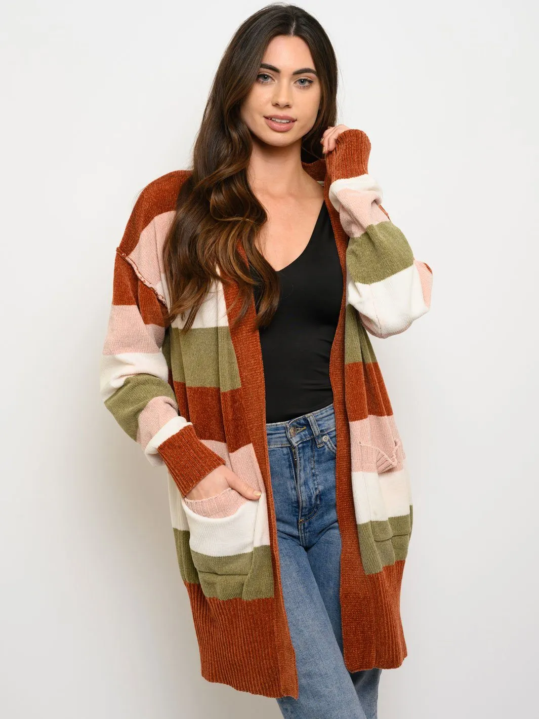 WOMEN'S LONG SLEEVE STRIPES POCKETS CARDIGAN