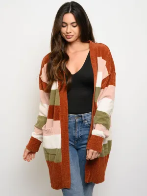 WOMEN'S LONG SLEEVE STRIPES POCKETS CARDIGAN
