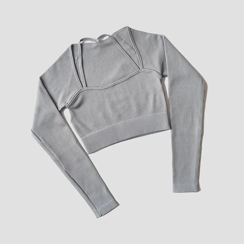 Women's Seamless Long Sleeve Crop Top - Shoulder Strap Fitness Shirt