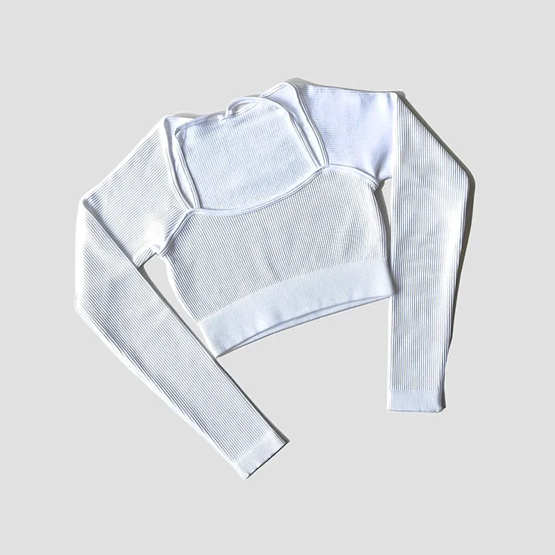 Women's Seamless Long Sleeve Crop Top - Shoulder Strap Fitness Shirt