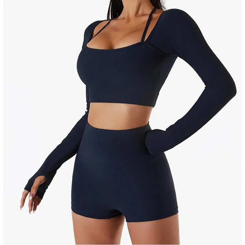 Women's Seamless Long Sleeve Crop Top - Shoulder Strap Fitness Shirt