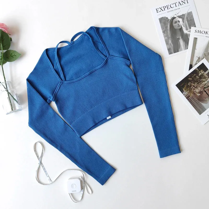 Women's Seamless Long Sleeve Crop Top - Shoulder Strap Fitness Shirt