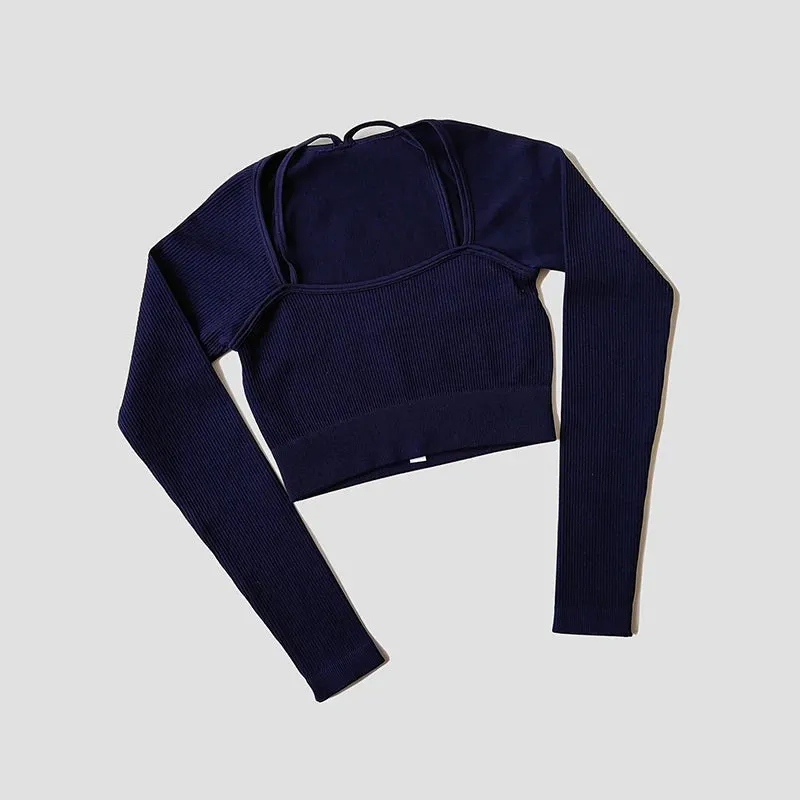 Women's Seamless Long Sleeve Crop Top - Shoulder Strap Fitness Shirt
