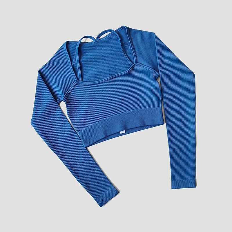 Women's Seamless Long Sleeve Crop Top - Shoulder Strap Fitness Shirt