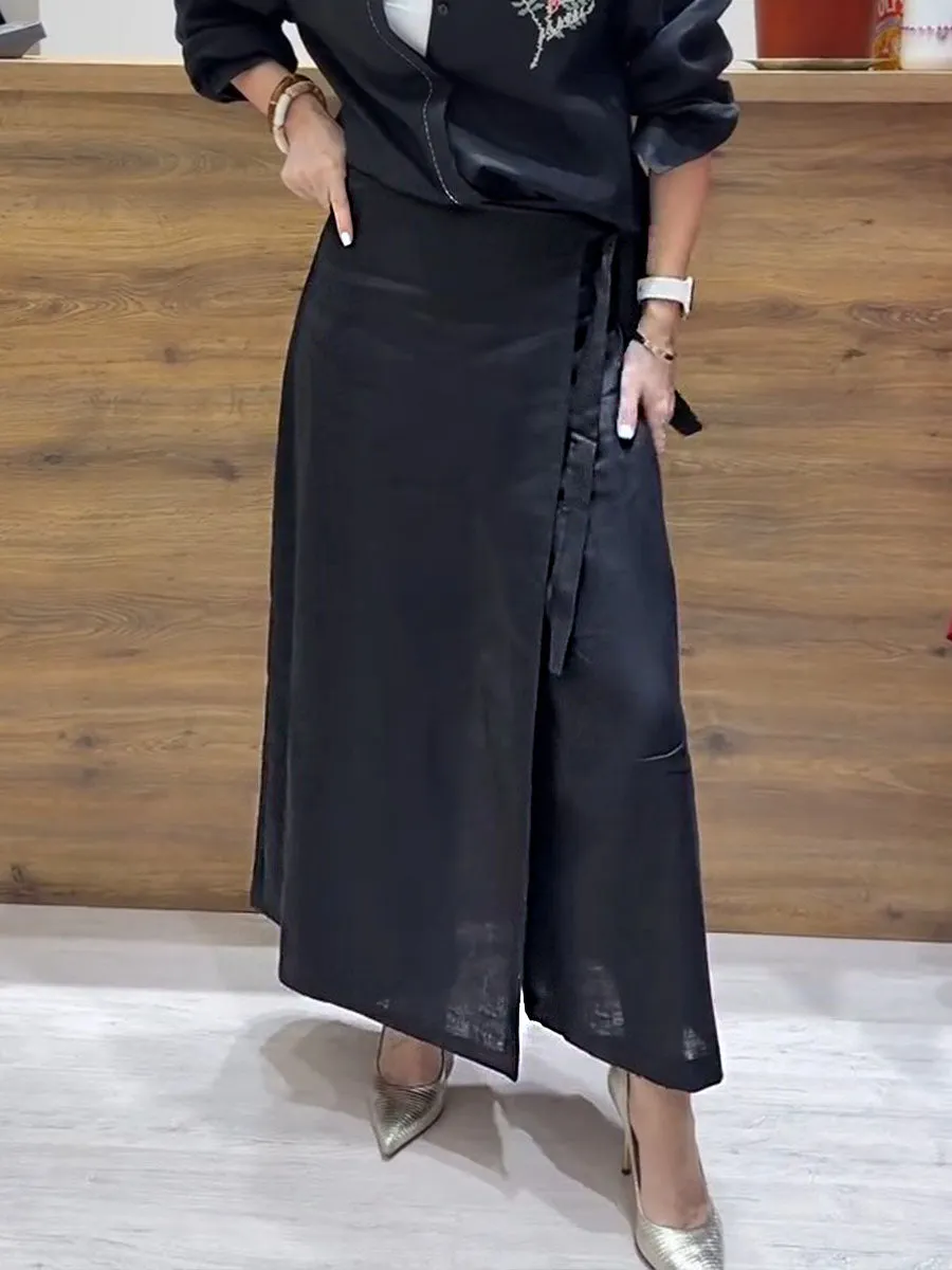 Women's Solid Color Casual Linen Lace-Up Wide Leg Pants