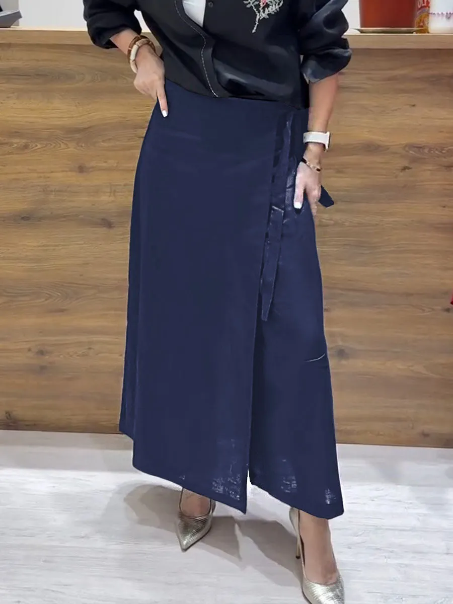 Women's Solid Color Casual Linen Lace-Up Wide Leg Pants