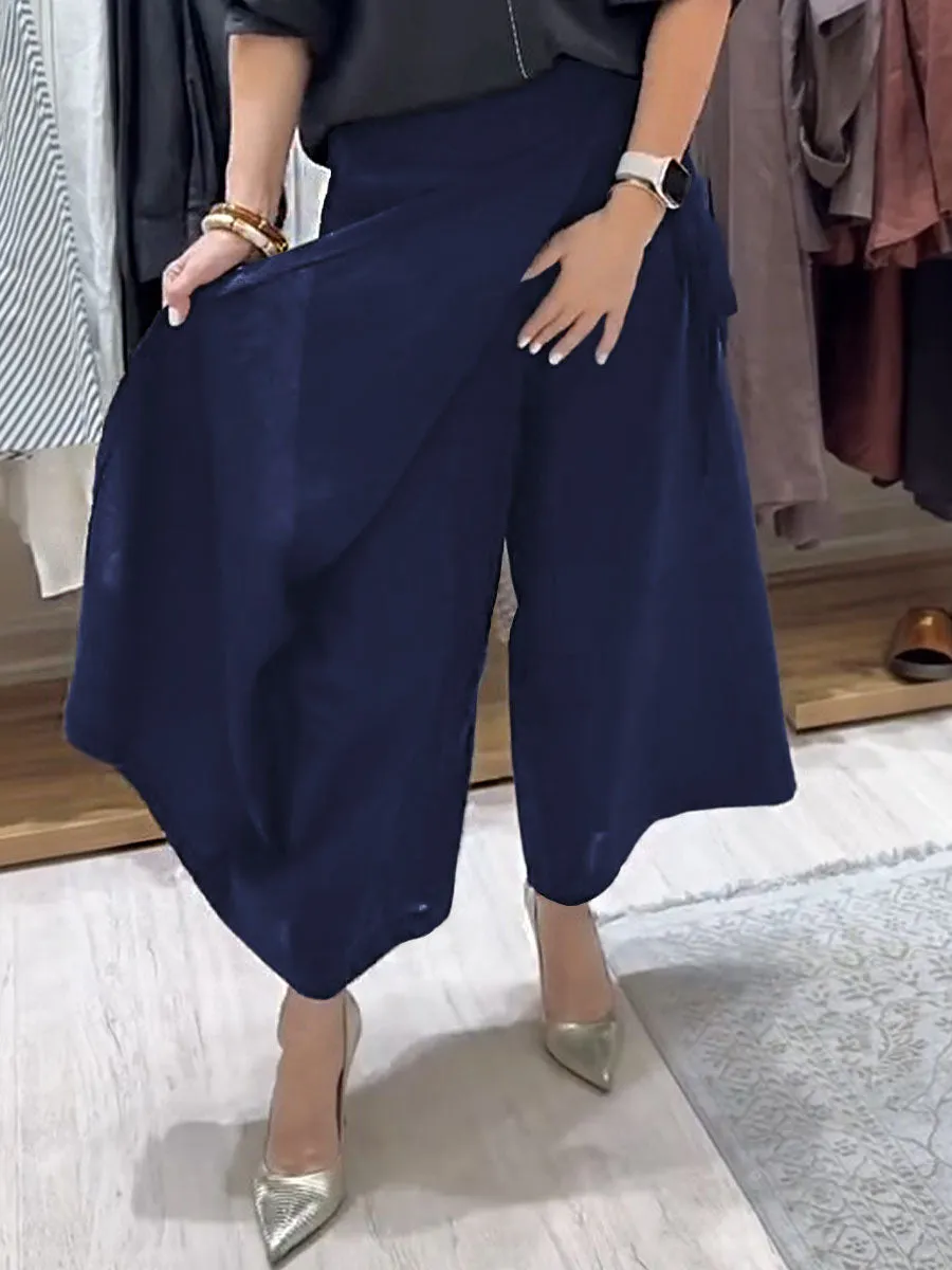Women's Solid Color Casual Linen Lace-Up Wide Leg Pants