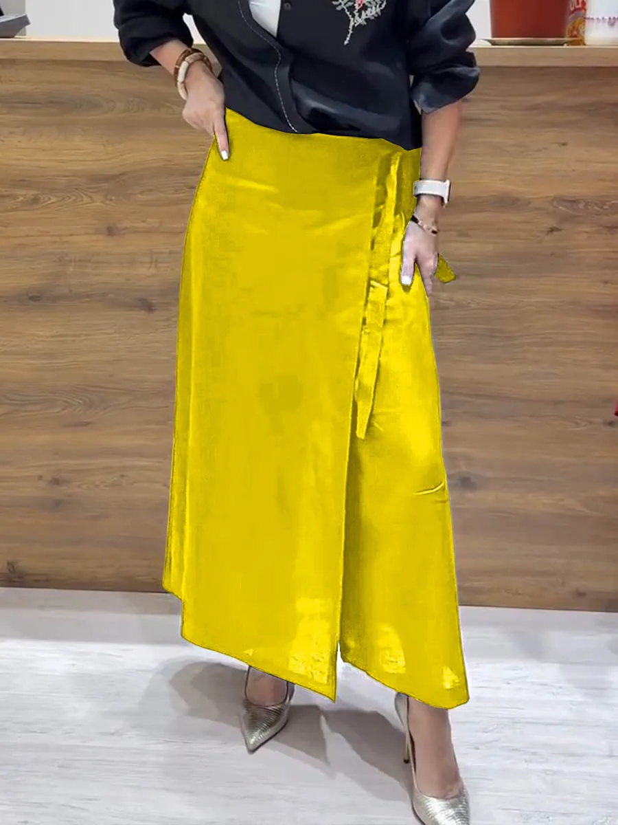 Women's Solid Color Casual Linen Lace-Up Wide Leg Pants