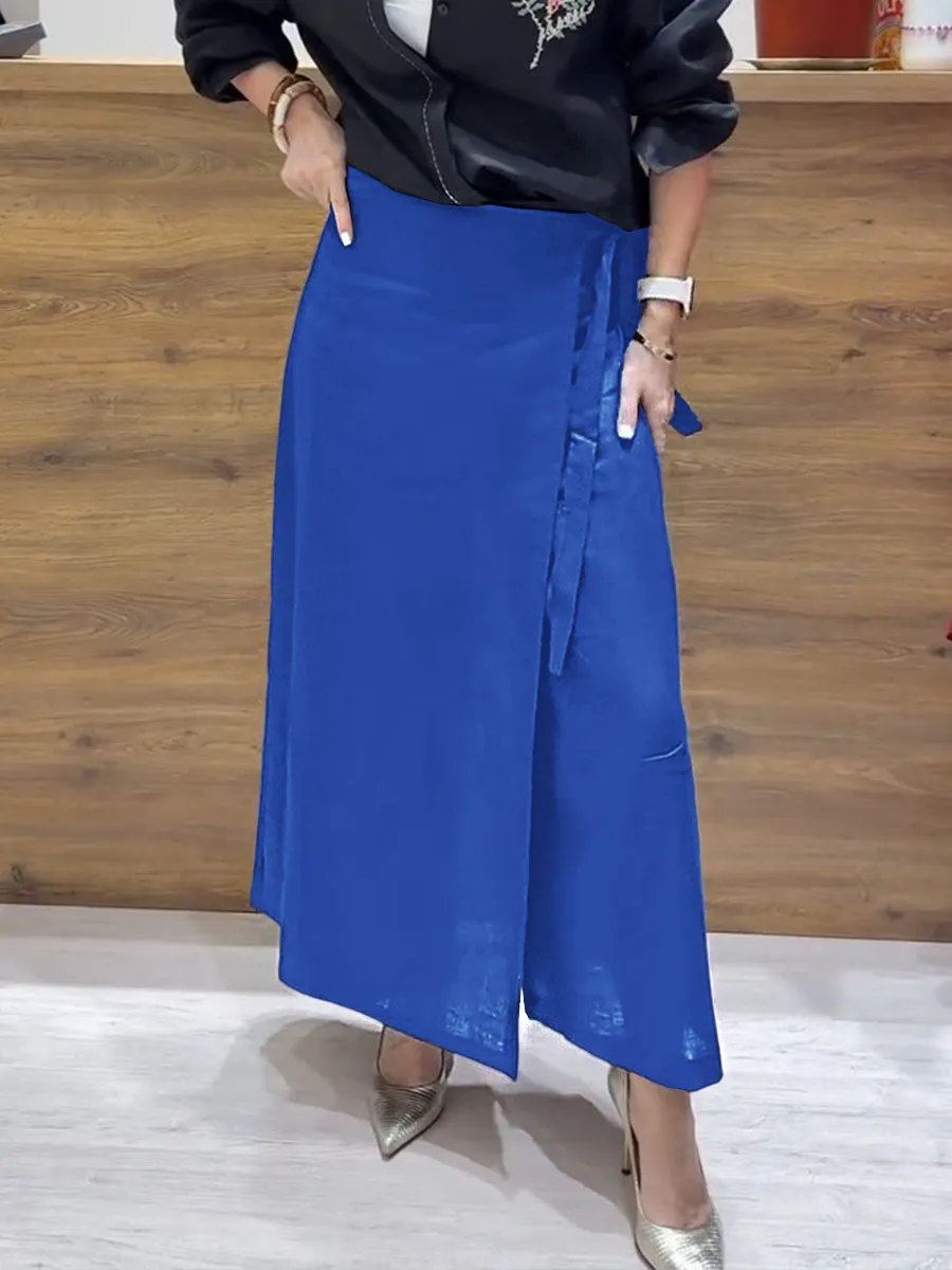 Women's Solid Color Casual Linen Lace-Up Wide Leg Pants