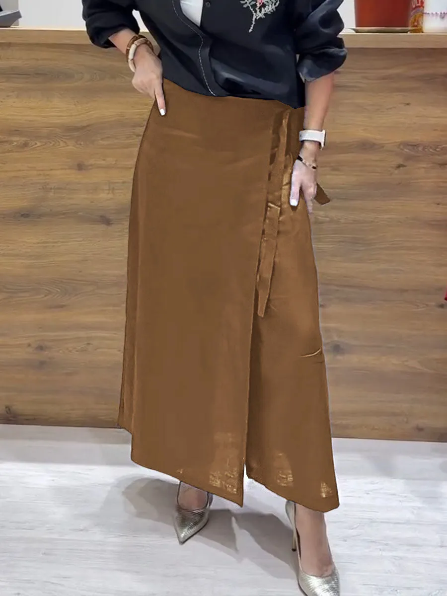 Women's Solid Color Casual Linen Lace-Up Wide Leg Pants