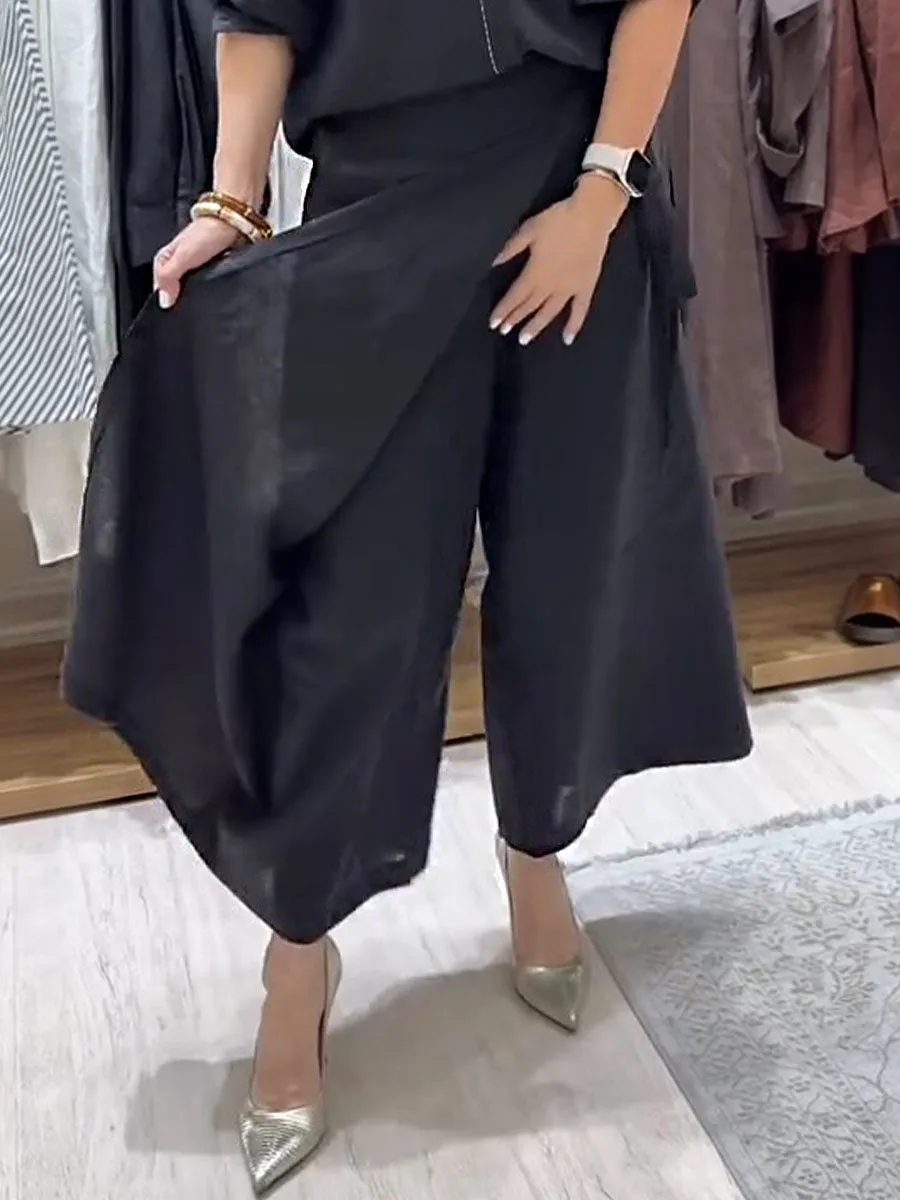 Women's Solid Color Casual Linen Lace-Up Wide Leg Pants