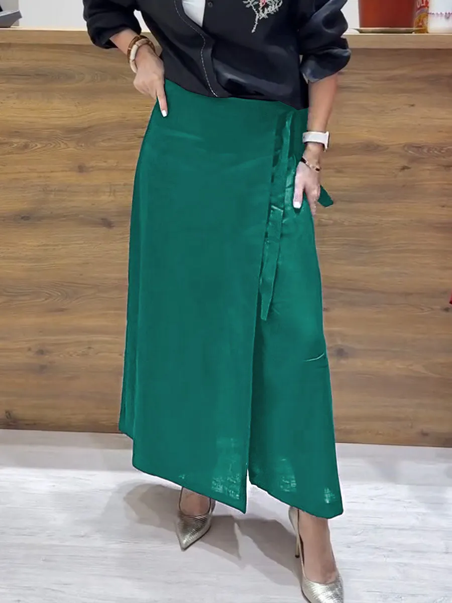 Women's Solid Color Casual Linen Lace-Up Wide Leg Pants