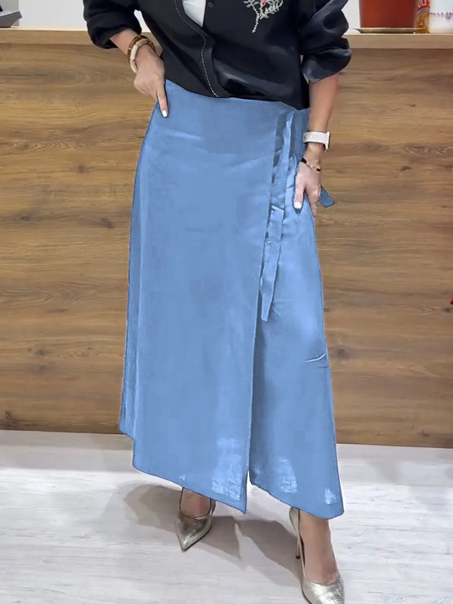 Women's Solid Color Casual Linen Lace-Up Wide Leg Pants