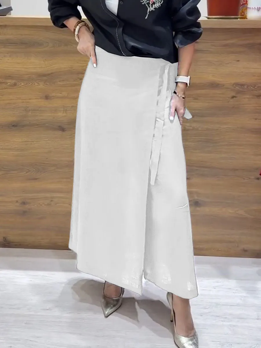 Women's Solid Color Casual Linen Lace-Up Wide Leg Pants