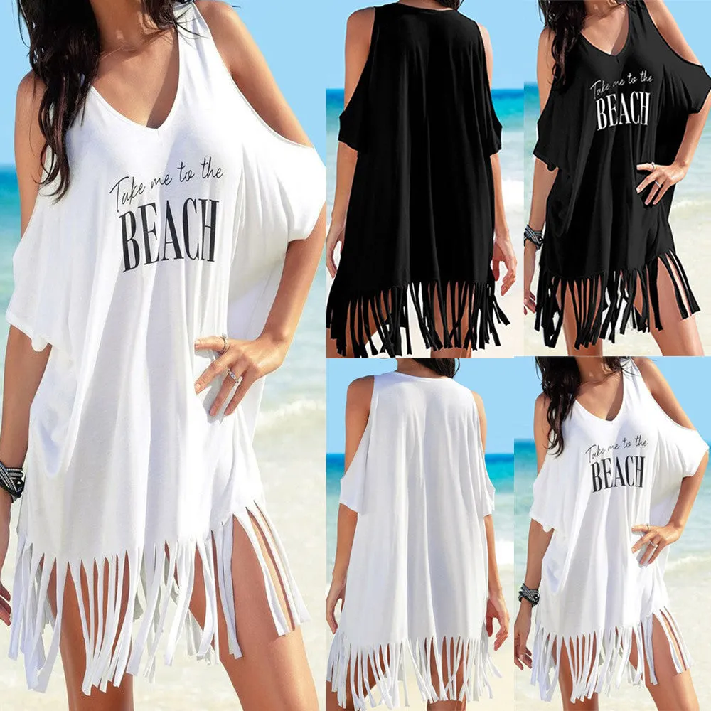 Womens Tassel Letters Print Baggy Swimwear Bikini Cover