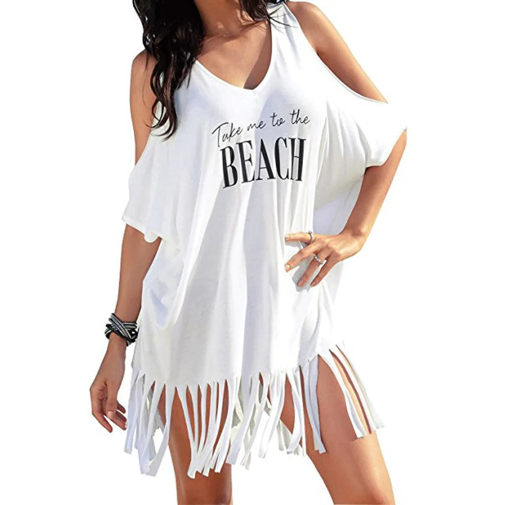 Womens Tassel Letters Print Baggy Swimwear Bikini Cover