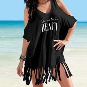 Womens Tassel Letters Print Baggy Swimwear Bikini Cover