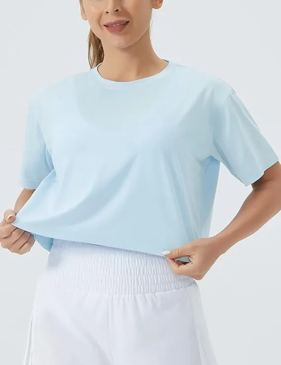 Women's Workout Gym Crop Top T-Shirt Yoga Running Cropped Basic Tee Sky Blue