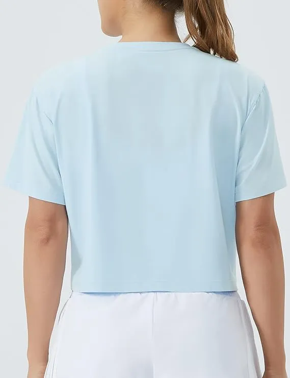 Women's Workout Gym Crop Top T-Shirt Yoga Running Cropped Basic Tee Sky Blue