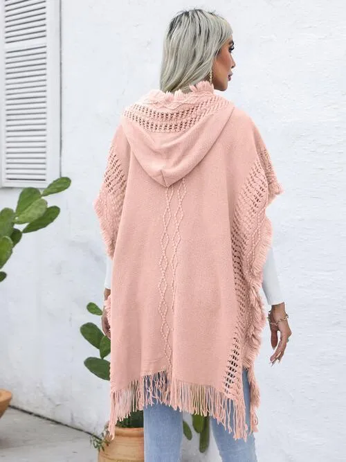 Worn-Out Look Fringe Trim Hooded Poncho
