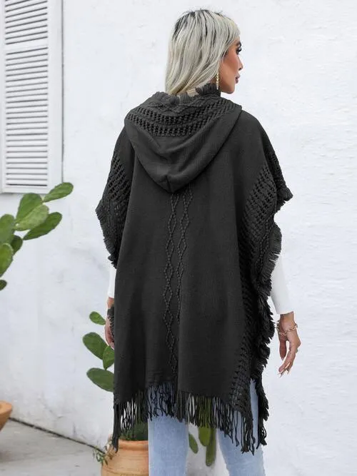 Worn-Out Look Fringe Trim Hooded Poncho