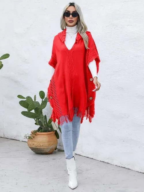 Worn-Out Look Fringe Trim Hooded Poncho