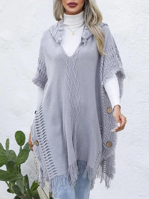 Worn-Out Look Fringe Trim Hooded Poncho