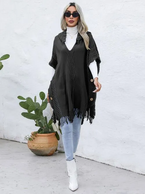 Worn-Out Look Fringe Trim Hooded Poncho