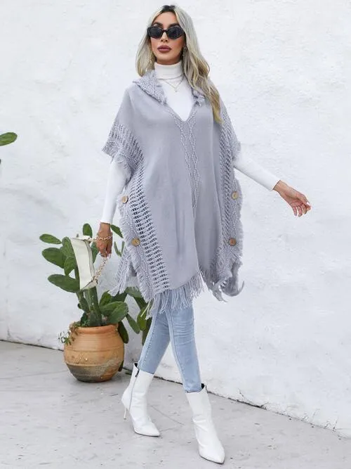 Worn-Out Look Fringe Trim Hooded Poncho