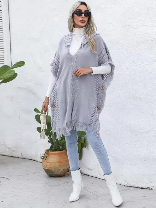 Worn-Out Look Fringe Trim Hooded Poncho