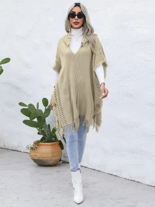 Worn-Out Look Fringe Trim Hooded Poncho