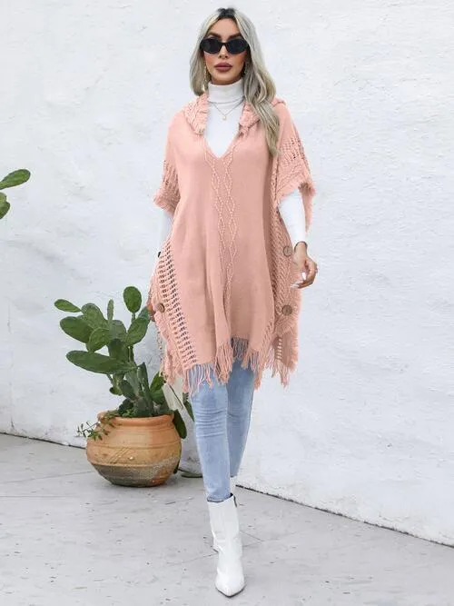 Worn-Out Look Fringe Trim Hooded Poncho