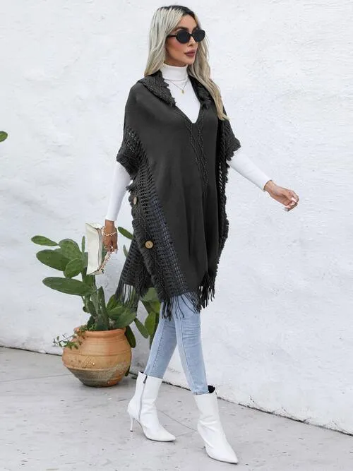 Worn-Out Look Fringe Trim Hooded Poncho