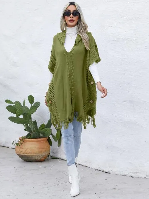 Worn-Out Look Fringe Trim Hooded Poncho