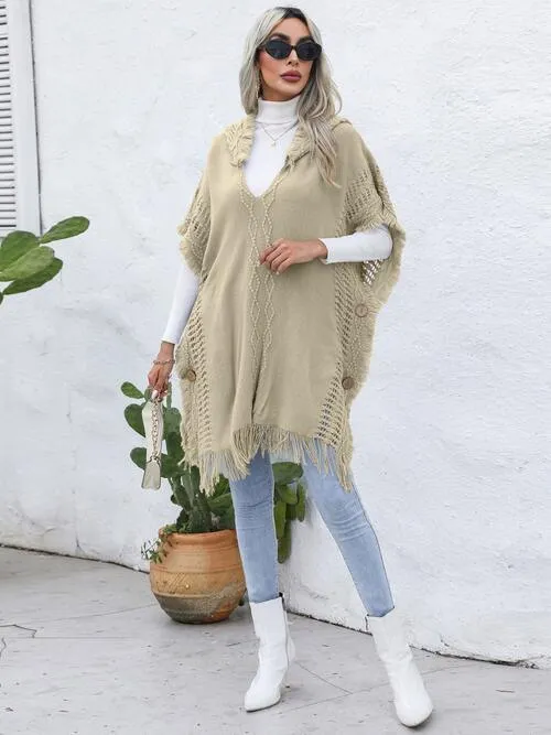 Worn-Out Look Fringe Trim Hooded Poncho