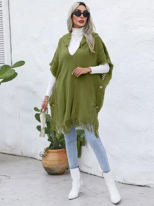Worn-Out Look Fringe Trim Hooded Poncho
